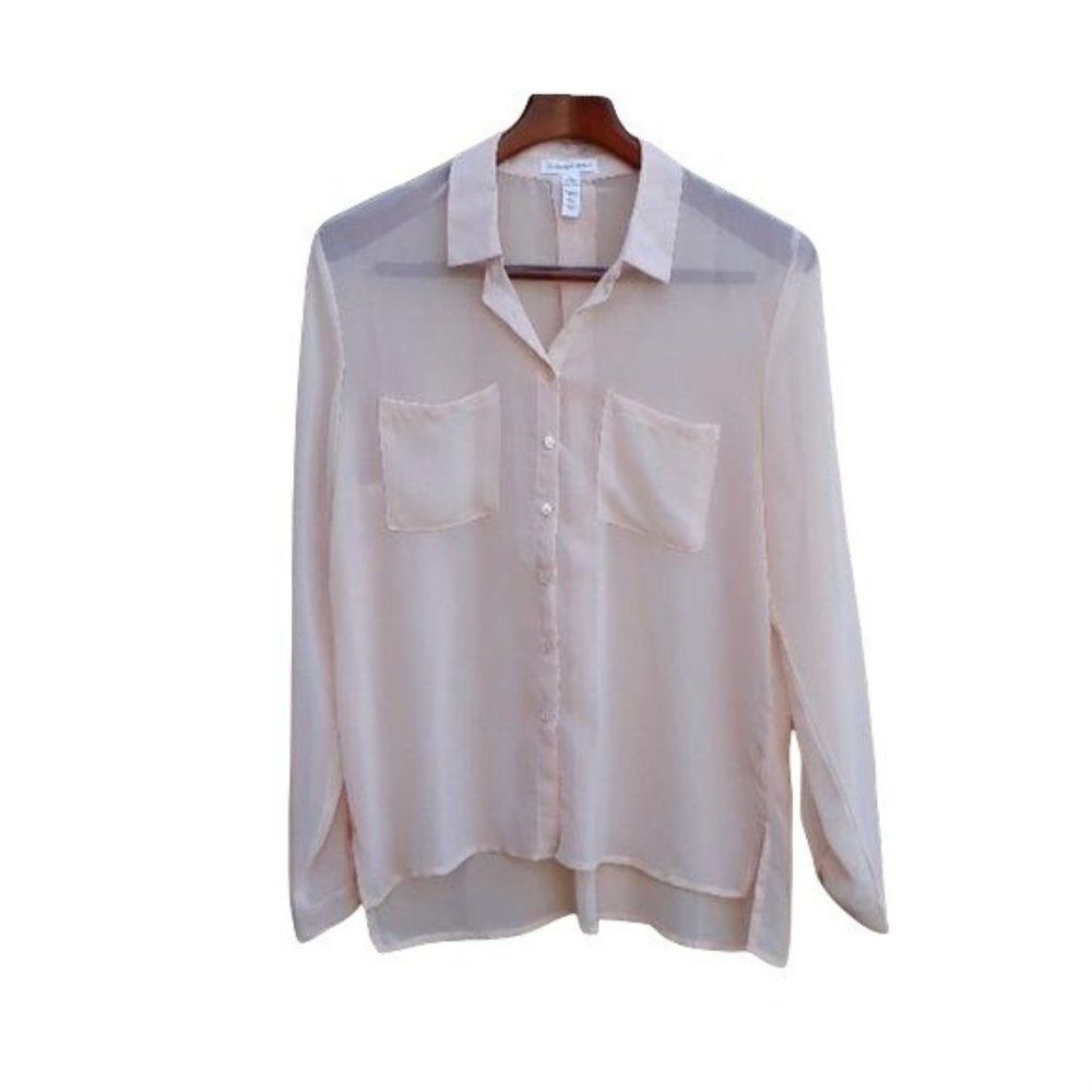 Ambiance Apparel Top Long Sleeve Blouse Sheer Button Down Pockets Peach Sz L‎
